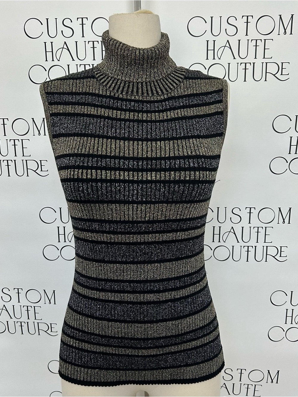 Kenar Black & Gold Striped Sleeveless Turtleneck Knit Top